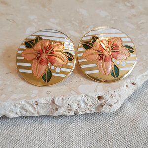 VTG 80's Hawaiian Style Floral Disc Cloisonné Pierced Earrings